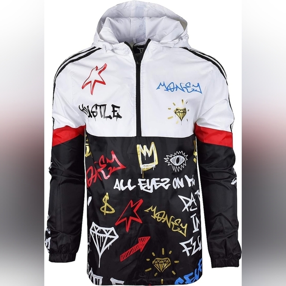New Men's Graffiti Lightweight Urban Windbreaker Hoodie Multiple Sizes - Picture 2 of 3
